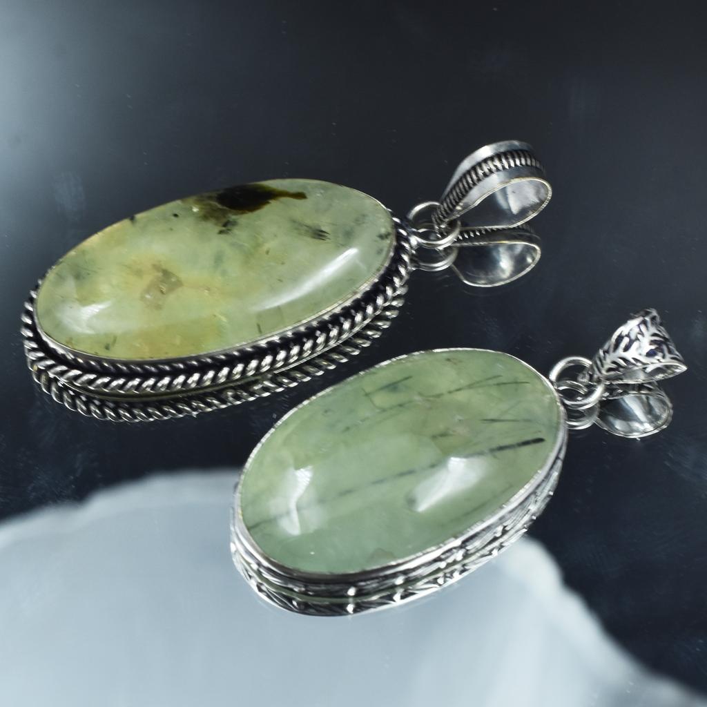 925 Sterling Silver Pendant Pear-Oval 141.05 Ct Pair CERTIFIED Green Prehnite AR-1737