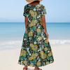 Damen Sommer Casual Blumendruck Kurzarm O-Ausschnitt Hohe Taille A-Linie Stufen Fließendes Boho Maxikleid