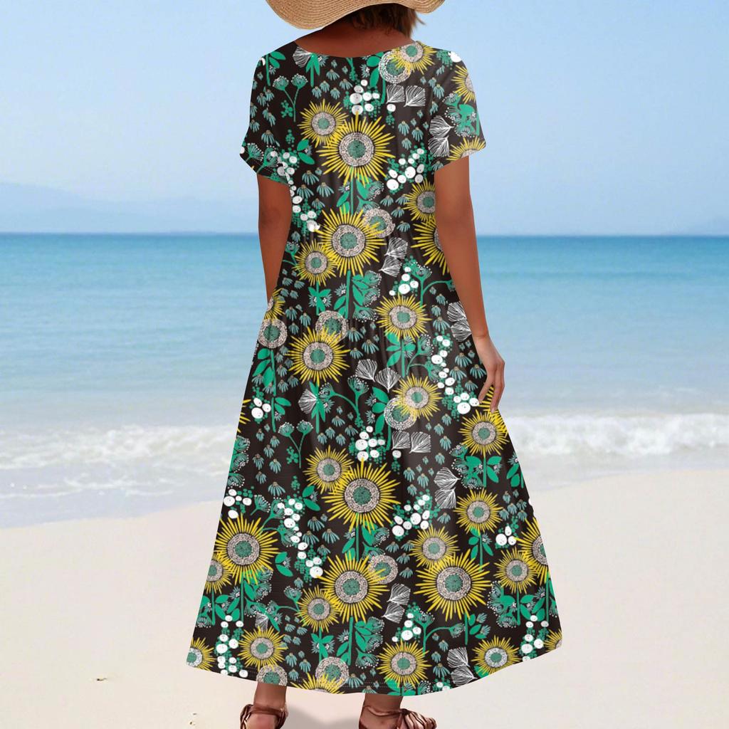 Damen Sommer Casual Blumendruck Kurzarm O-Ausschnitt Hohe Taille A-Linie Stufen Fließendes Boho Maxikleid