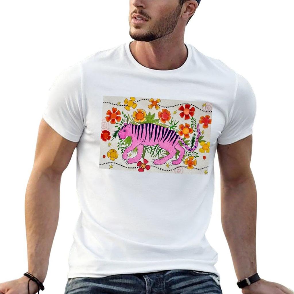 Pink Tiger With Flowers TShirt Unisex T Shirts Cotton T Shirt Unisex Luxury Printed T Shirts For Unisex TShirt