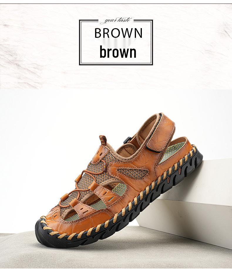 Men's Handmade Velcro Cowhide Mesh Beach Sandals - Summer Casual Breathable Outdoor Shoes