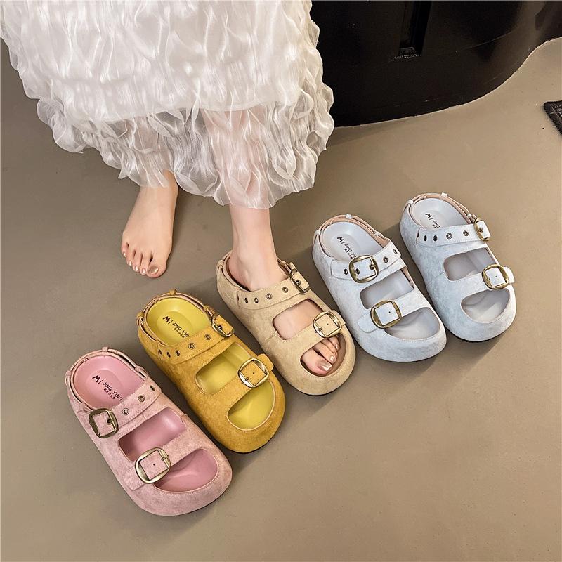 2025 summer new casual outer wear belt buckle cool slippers thick bottom fashion beach one word slippers women