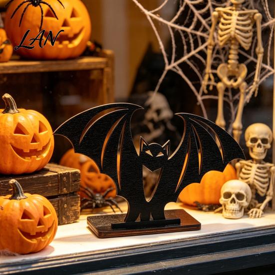 Black Matte Bat Ornament Halloween Ornament, Solid Wood Tea Candle Holder, Hollow Decor Spooky Decoration, for Desktop Electronic Candles Classroom