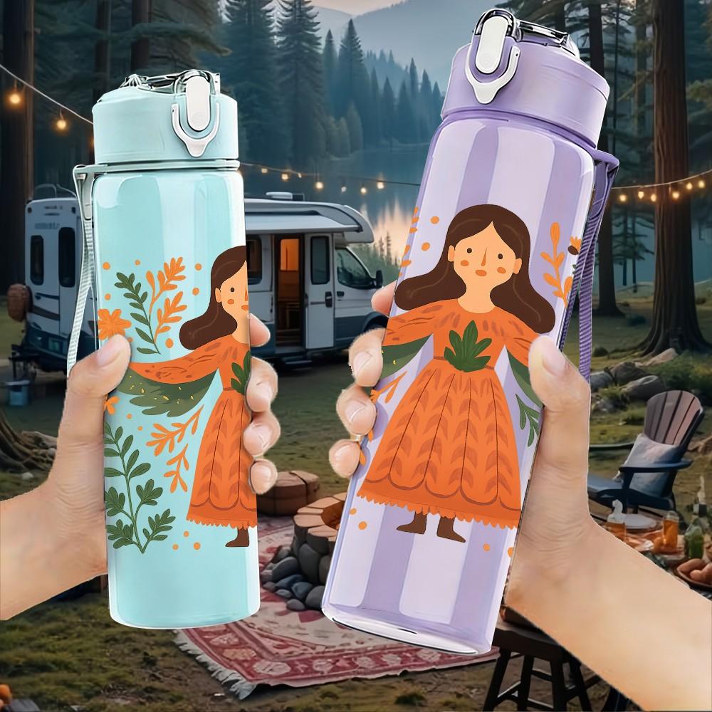 1PC Floral Angel Girl Art 750ml Color Plastic Sports Water Bottle Leakproof Flip Straw Lid Suitable for Sports Office Home Use