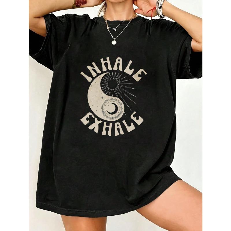 

Oversized T Shirt Black Inhale Exhale Yin Yang Moon And Sun Print Boho Casual Wear For Women Yoga Meditation Streetwear Style XXXXL чорний