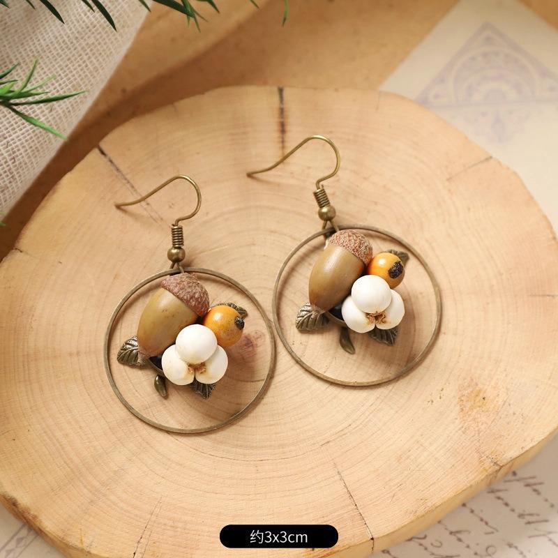 Retro niche literary earrings, natural plant fruits, wooden dried fruits, long fringed women's earrings