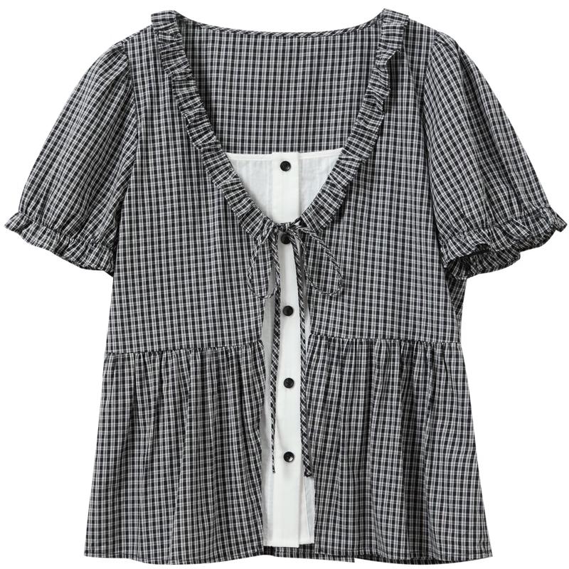 Women's Faux Two-Piece Plaid V-Neck Cotton Blouse