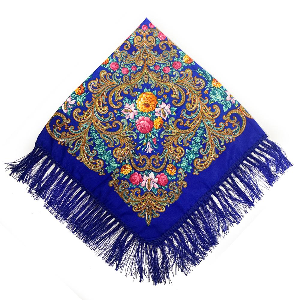 90*90cm Women Russian National Square Scarf Luxury Floral Print Russian Shawls Scarves Female Retro Fringed Foulard Wraps