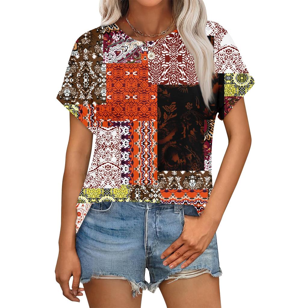 Haut Floral Décontracté Mode Femme Col Rond Manches Courtes Ourlet Roulotté