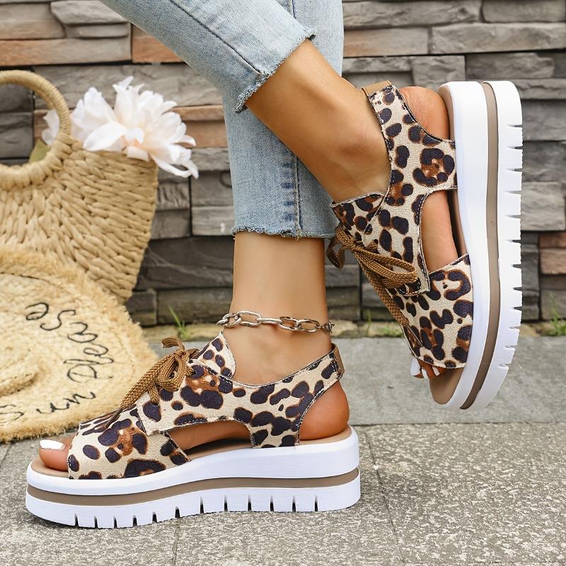 Women'S Solid Color Trendy Sandals, Leopard Print Lace-Up Fashionable Walking Shoes, Summer Casual Beach Vacation Platform Shoes.