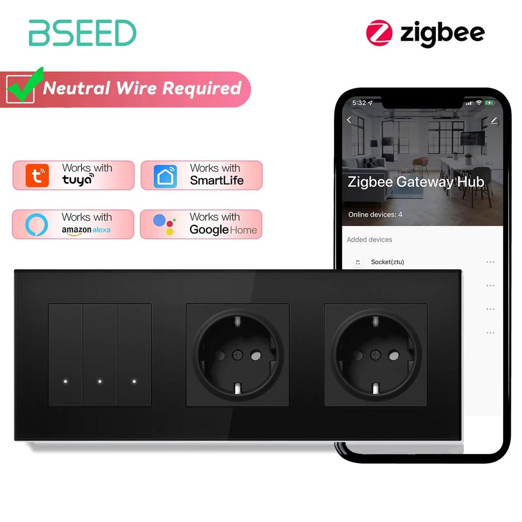 BSEED Zigbee 1/2/3Gang Smart Click Light Switches 1/2/3Way Tuya Smart Life Alexa Compatible Plus EU Power Sockets Glass Panels