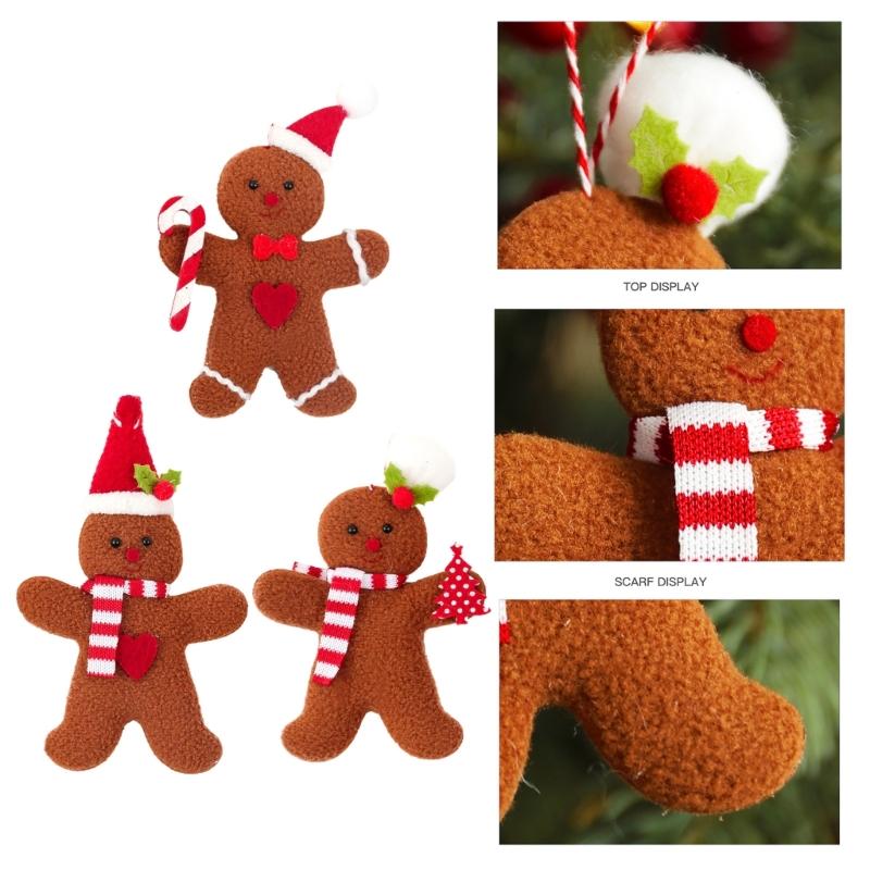 Set of 3 Christmas Gingerbreads Man Shape Cloth Ornaments Reusable Hanging Decorations for Holiday Homes Party