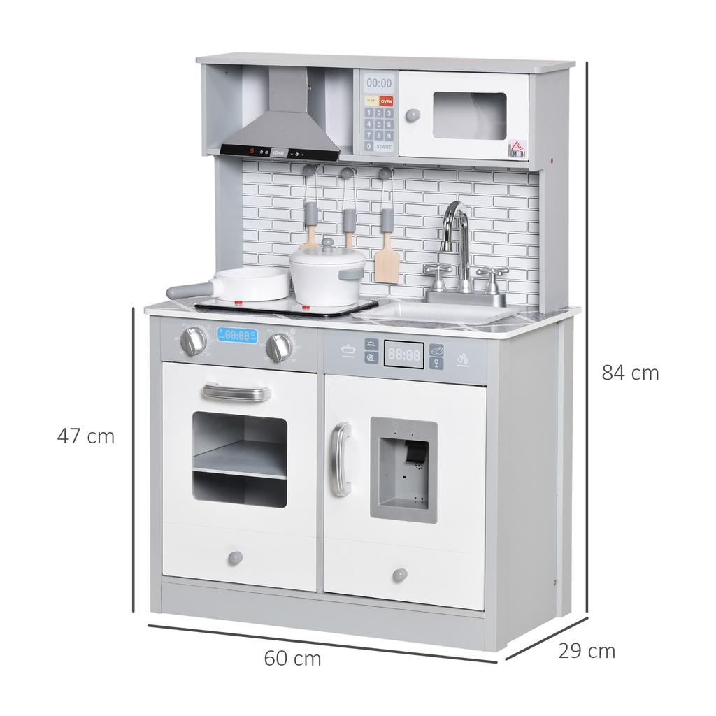 Kids Wooden Toy Kitchen Pretend Play Cooking Playset w/ Sound & Light Effect, Battery Operated Cooktop, Ice Machine, Marble Pattern Countertop