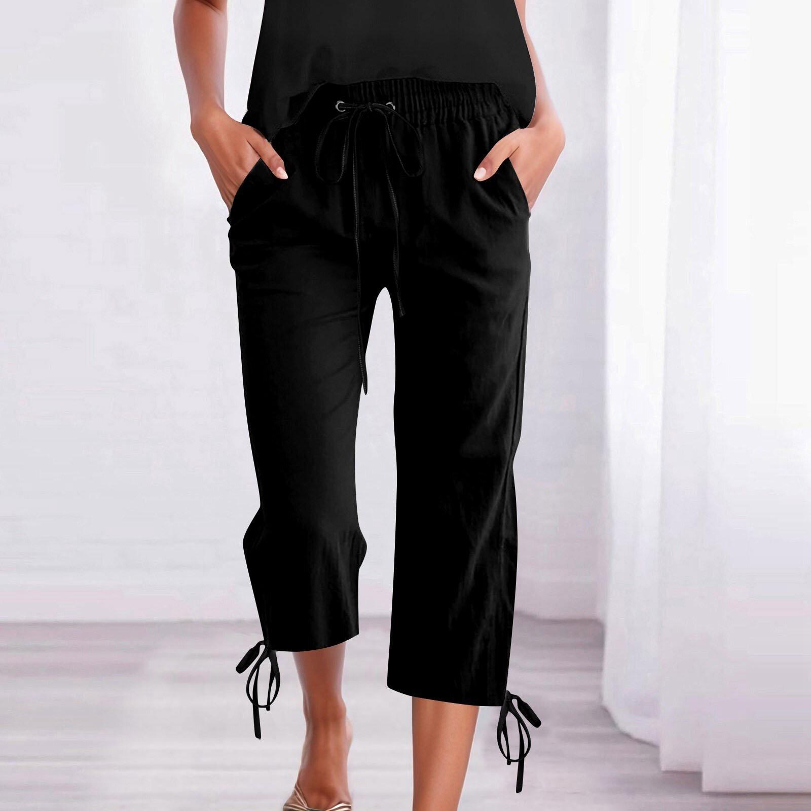

Женские повседневные однотонные свободные прямые укороченные брюки из хлопка и льна с завязками на шнурке и карманами XL чёрный