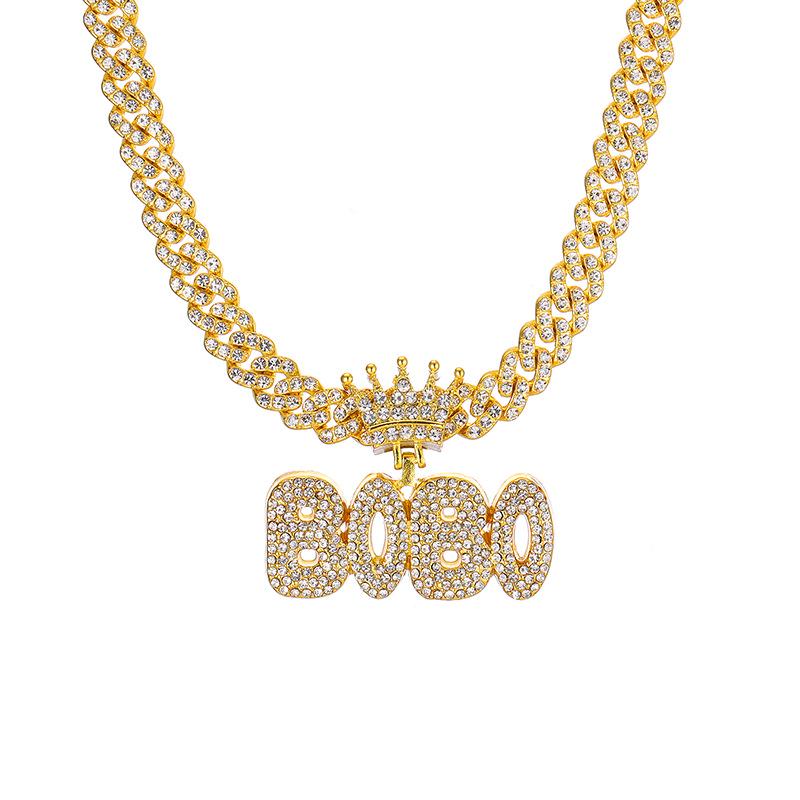 European & American Full Diamond Letter BOBO Pendant with Cuban Chain Necklace - Exaggerated Hip Hop Style Accessories for Couples