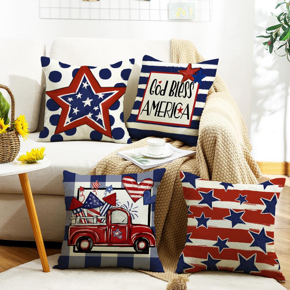 Home American Sofa Linen Square Cushion Cover Striped Letter Print Independence Day Pillow Cover