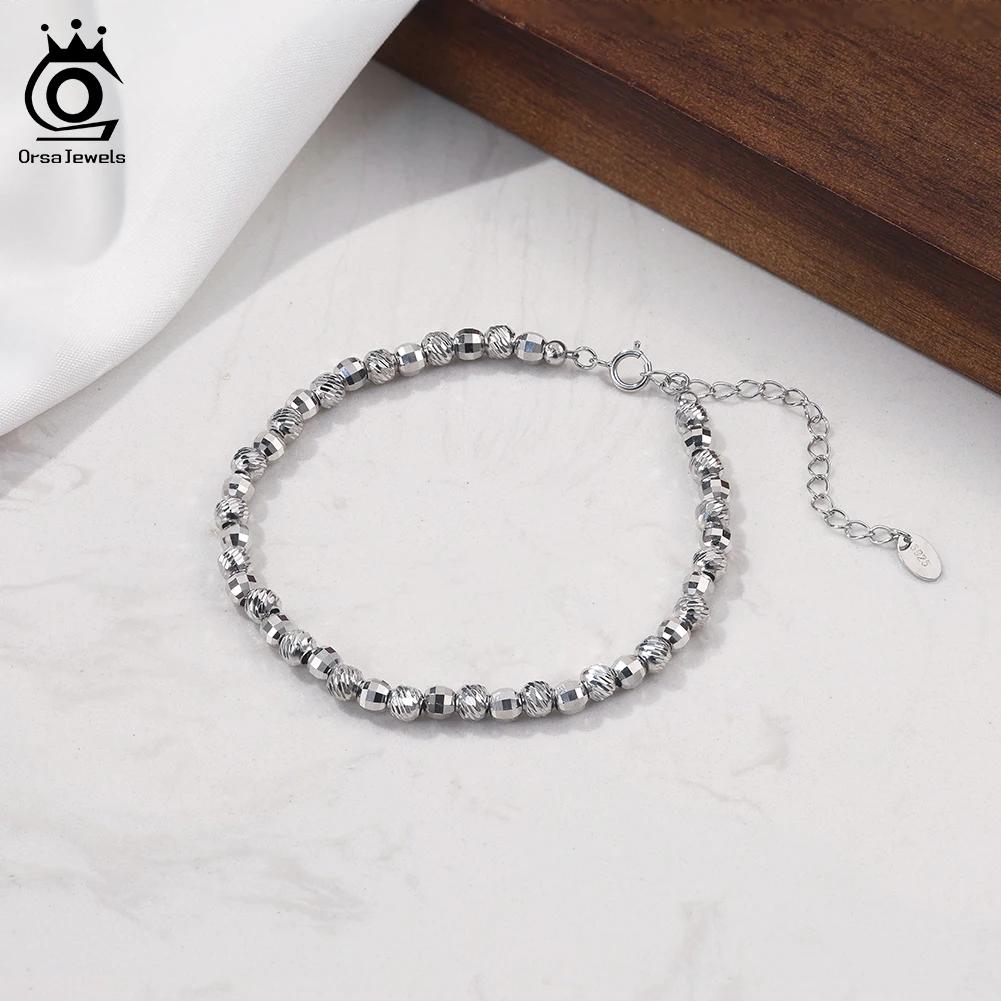 ORSA JEWELS Real 925 Sterling Silver Bead Chain Bracelet For Women Jewelry Gift 4MM Beads Bracelet Chain Accessories GAB01