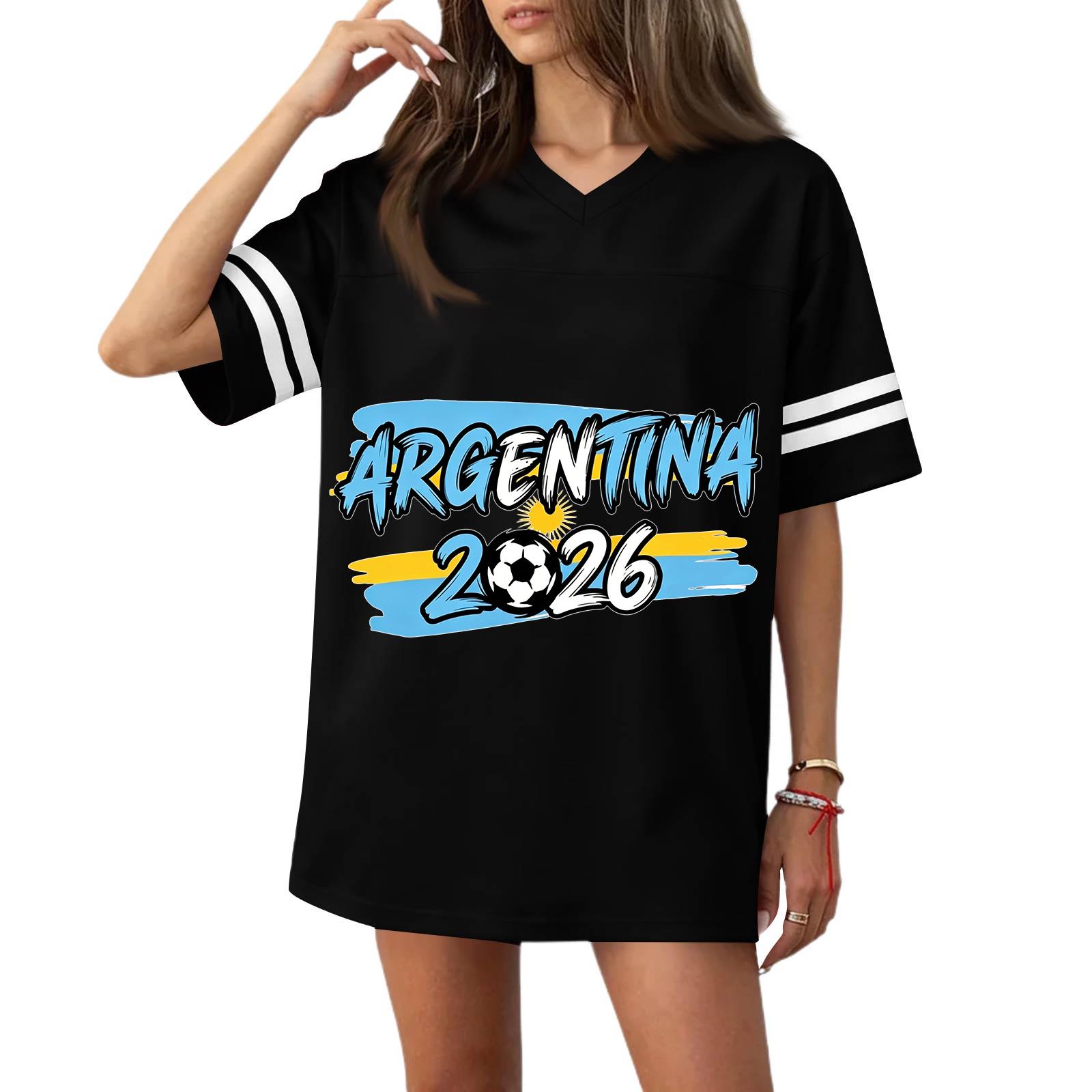 Women s Casual V-Neck Short Sleeve Soccer with Argentina Flag Print, Breathable Polyester Top XXL чёрный