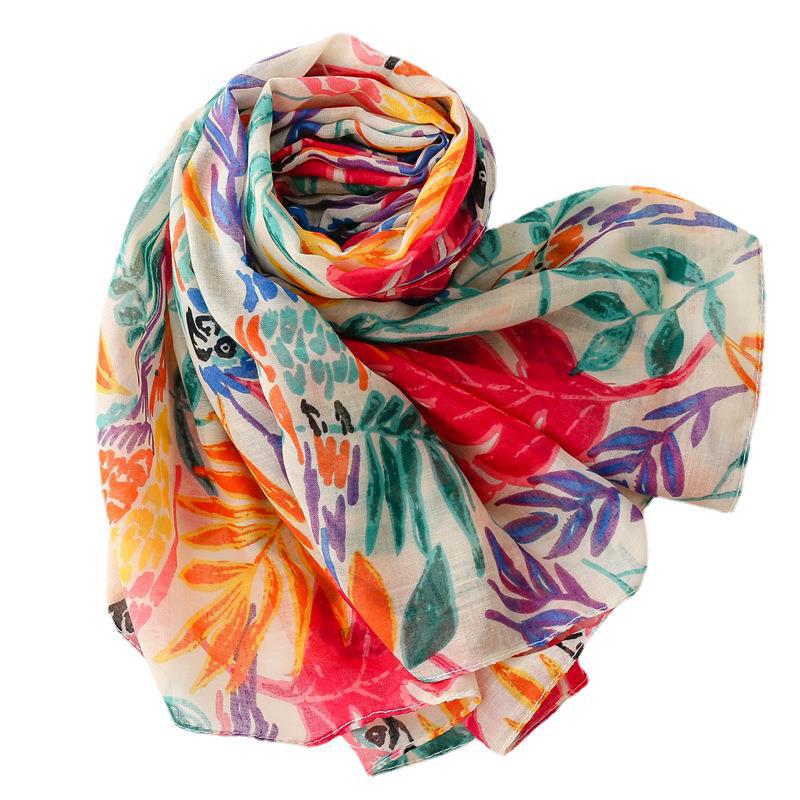 Xale feminino moderno e moderno com textura de algodão e cânhamo, fio bali fino, primavera/verão, folhas coloridas de papagaio, estilo moderno