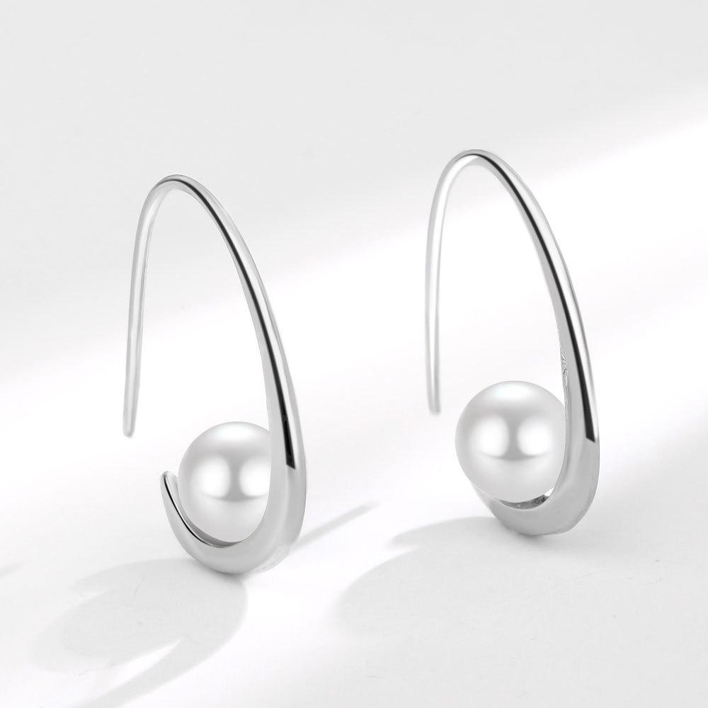 925 Silber Minimalistische Hakenform Hängeohrringe mit Perlen für Damen Modischer Geometrischer Frischer Ohrschmuck
