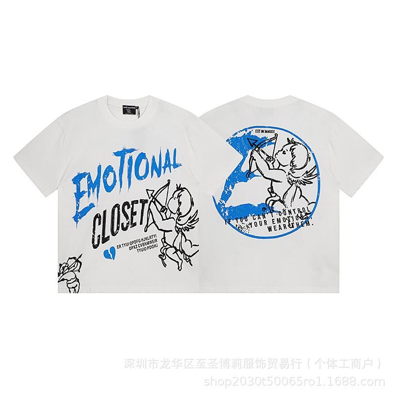 Unisex Vintage American Style Loose Fit Cotton Tee With Embellished Letter Print Round Neck Short Sleeve