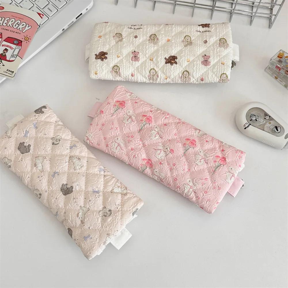 Cute Lace Ruffle Pencil Case for Kids Girl Sweet Cartoon Makeup Brush Organizer Large Capacity Soft Fabric Stationery Storage