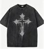 Gothic Christian Cross Print T Shirt Mens Oversized Washed Black Tee Retro Graffiti Streetwear Casual Tops