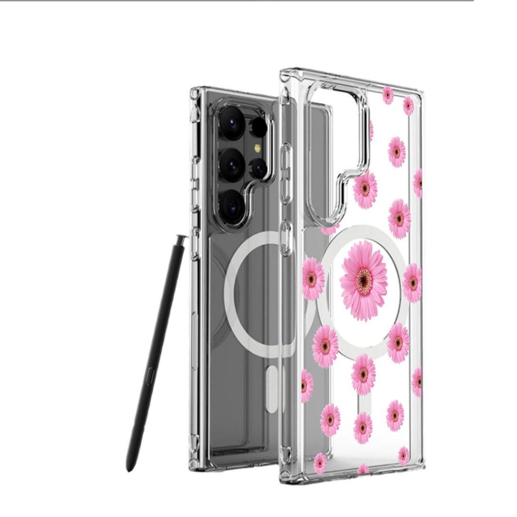 Pink Daisy Magnetic Transparent Case for iPhone 15/16/17 Pro Max