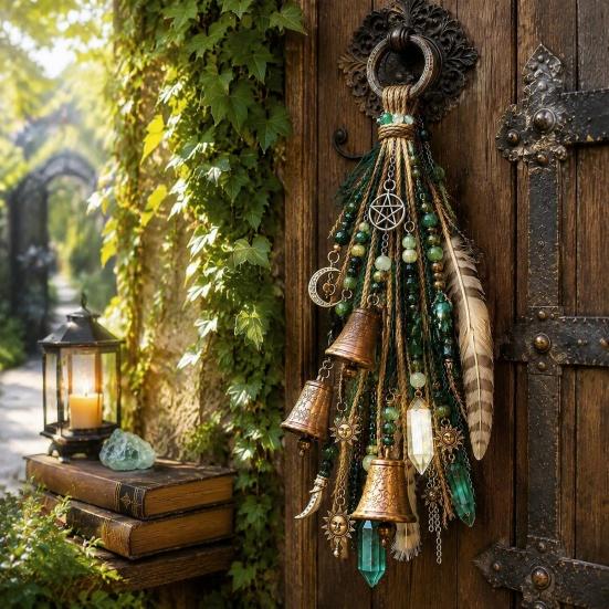Regalo da Strega per Compleanno, Campanello da Porta da Strega Decorazione,acchiappasole Boho, Carillon a Vento Retrò, Carillon Stella Pentagramma Luna Decorazione per la Casa Ornamento da Appendere