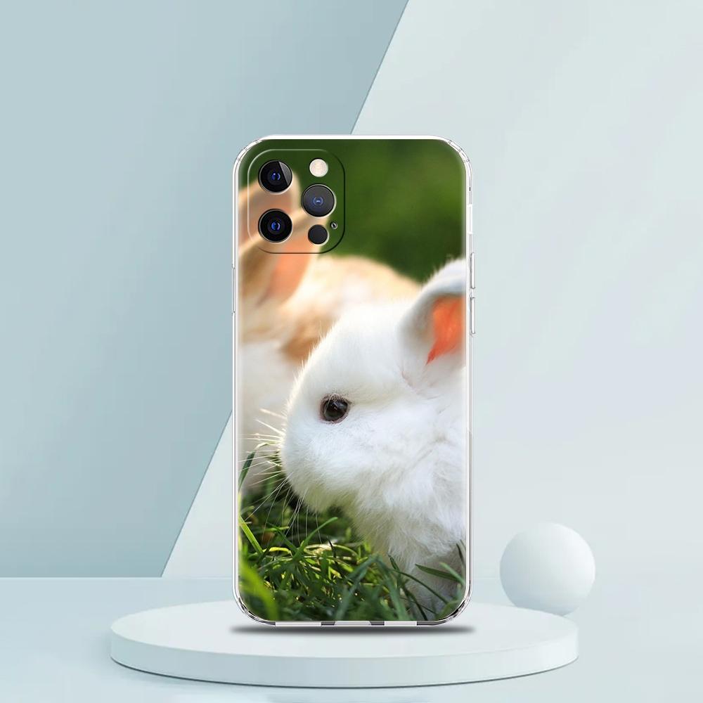 Cute White Baby Rabbits Luxury Phone Case For iPhone 16 15 14 13 12 11 Pro Max XS X XR SE 7 8 Plus soft Silicone Clear Cover