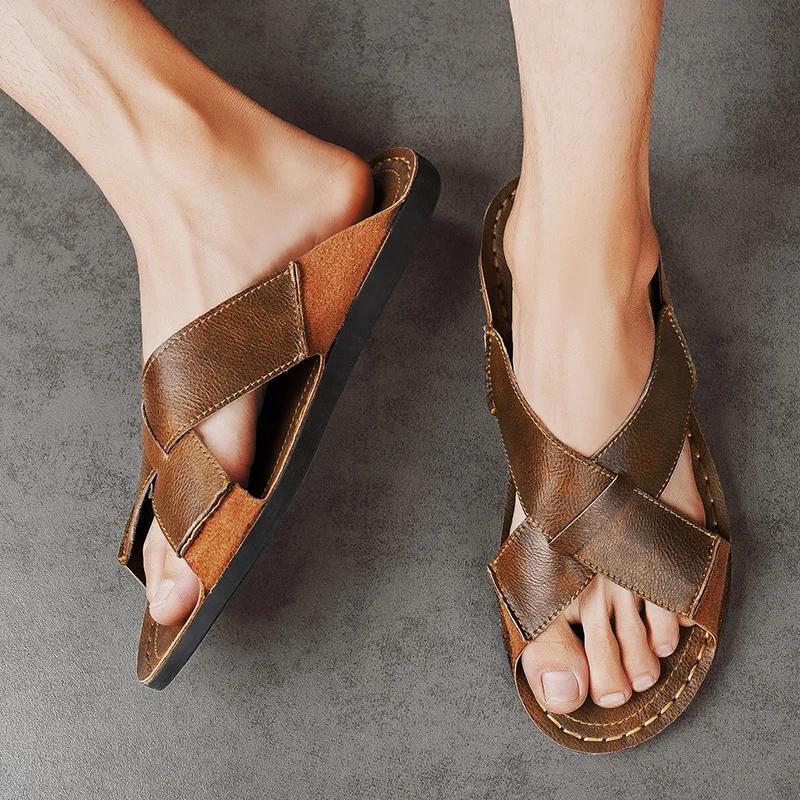 Fashion Men Flat Designer Soft Bottom Sandals Fashion Breathable Trendy All-match Lightweight Casual Leather Sandals Summer Walking Shoe
