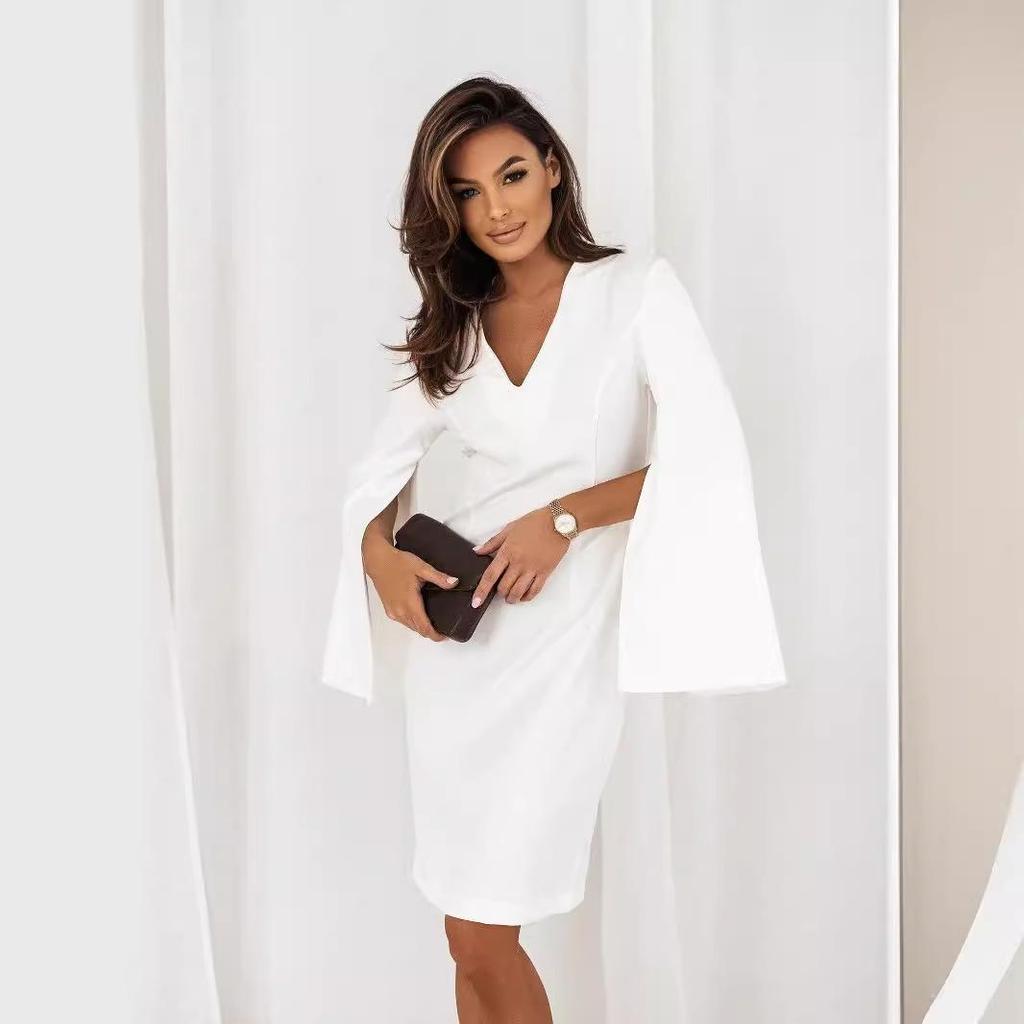 2024 Podzimní Móda V-výstřih Rozparek Dlouhý Rukáv Zeštíhlující Šaty pro Ženy