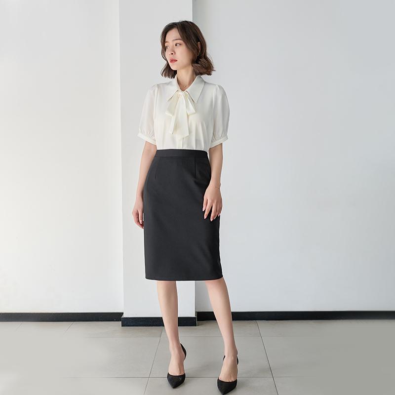 Dámská bílá halenka s krátkým rukávem a mašlí z šifonu - Profesionální formální top k obleku na pohovor