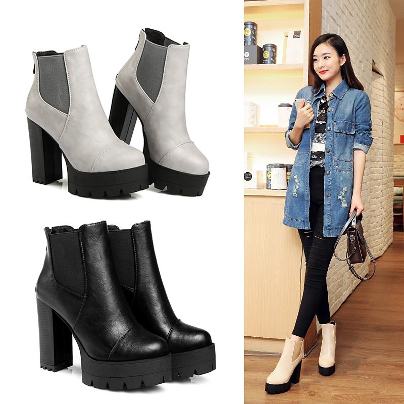 Fashion Women Elastic Band Autumn Ankle Chelsea Boots Square Heel Platform Female Shoes Super High Heels Winter Short Plush Boot Ladies