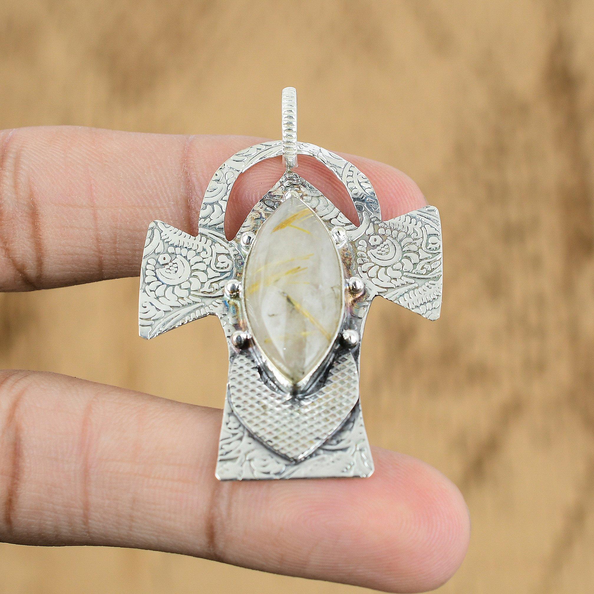 

Womens day Sale Golden Rutile Gemstone Anniversary Wife Pendant Sterling Silver