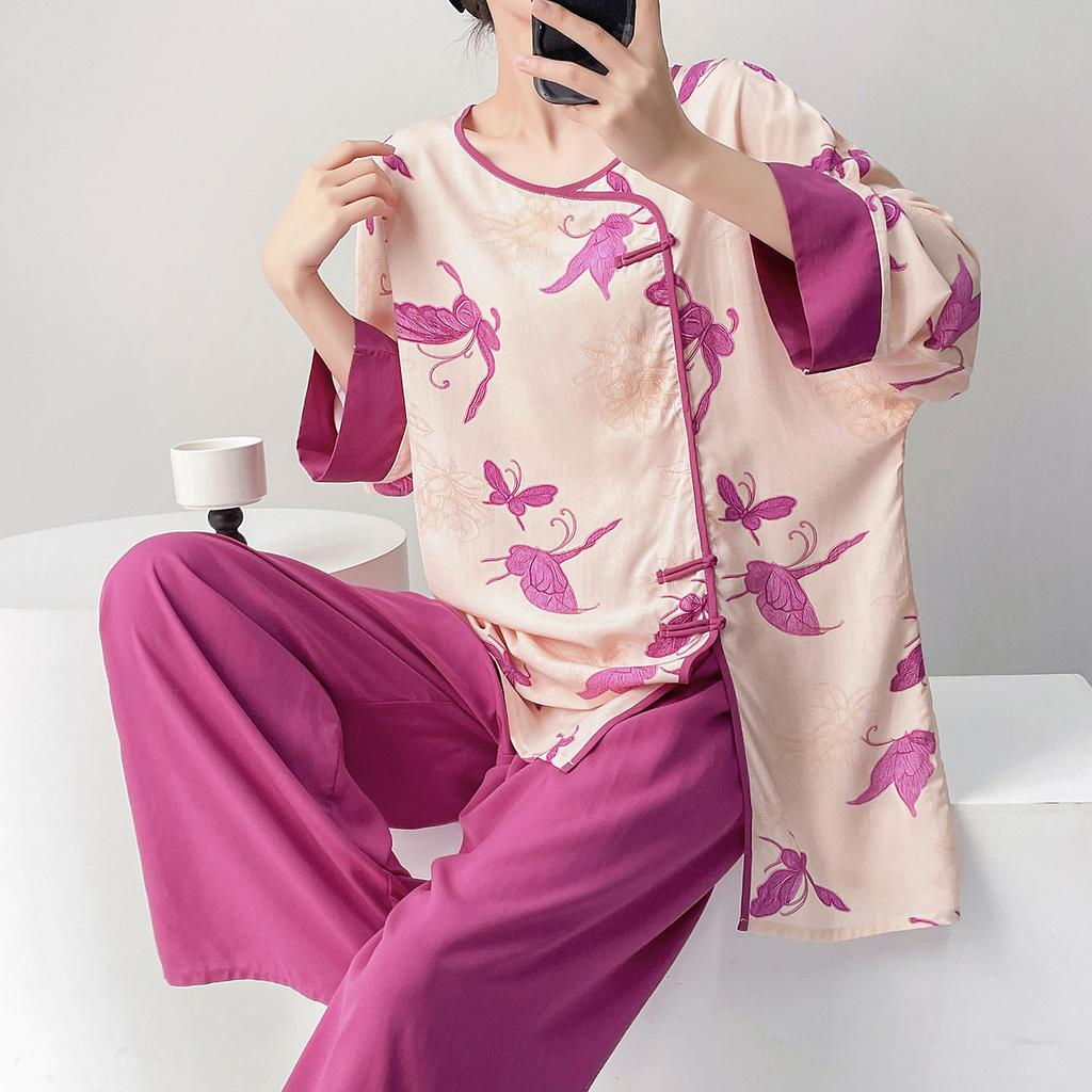 1011 new new Chinese pajamas women's spring and summer improved cheongsam buckle can be worn outside loungewear cotton silk suit thin