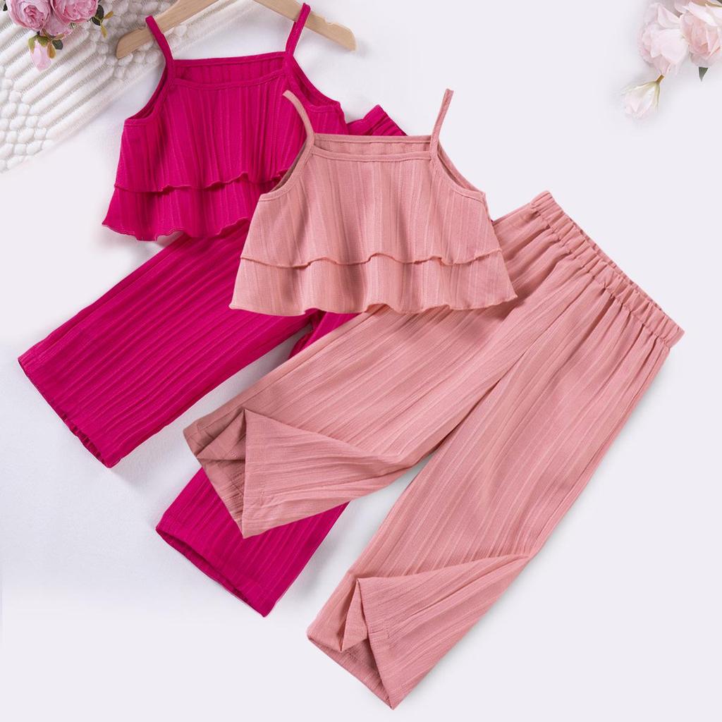 Multi-color Sea Wave Stripe Tank Top & Wide-Leg Pants Set - Stylish Summer Outfit for Girls