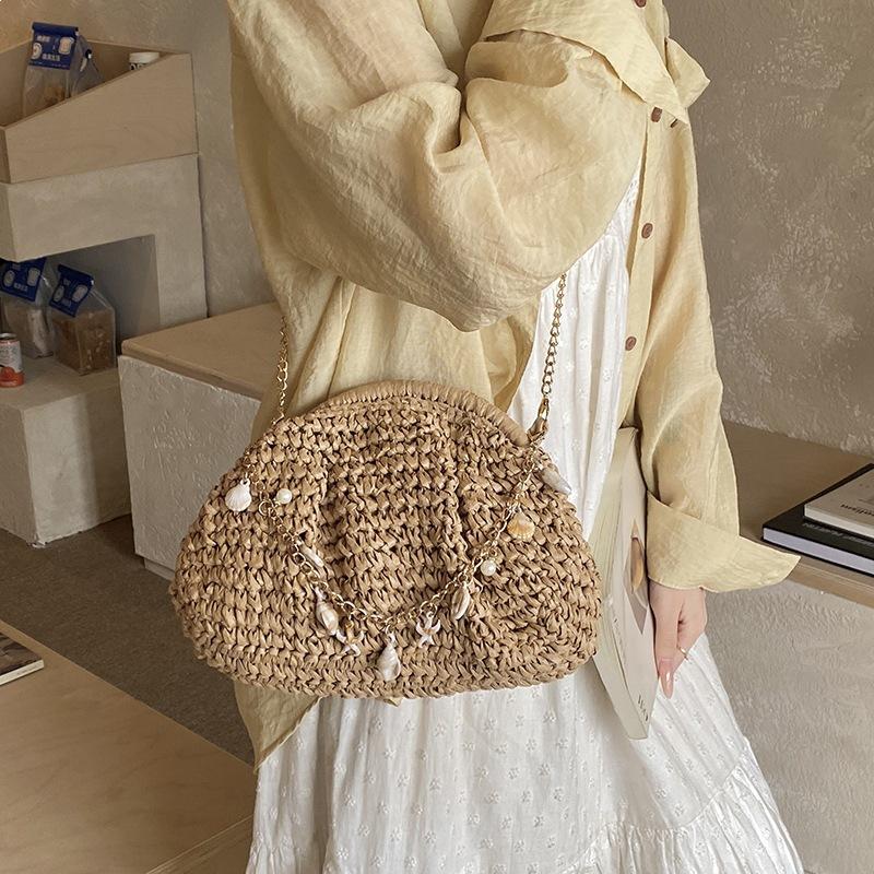 French Style Niche Woven Shell Bag, Women s New Trendy Fashion Chain, Single Shoulder Crossbody Bag, Beach Grass Woven Bag хаки