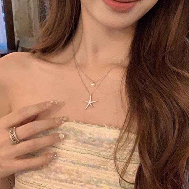 Colar requintado de estrela do mar com duas camadas, gargantilha de liga prateada brilhante, pingente, joia feminina para presente