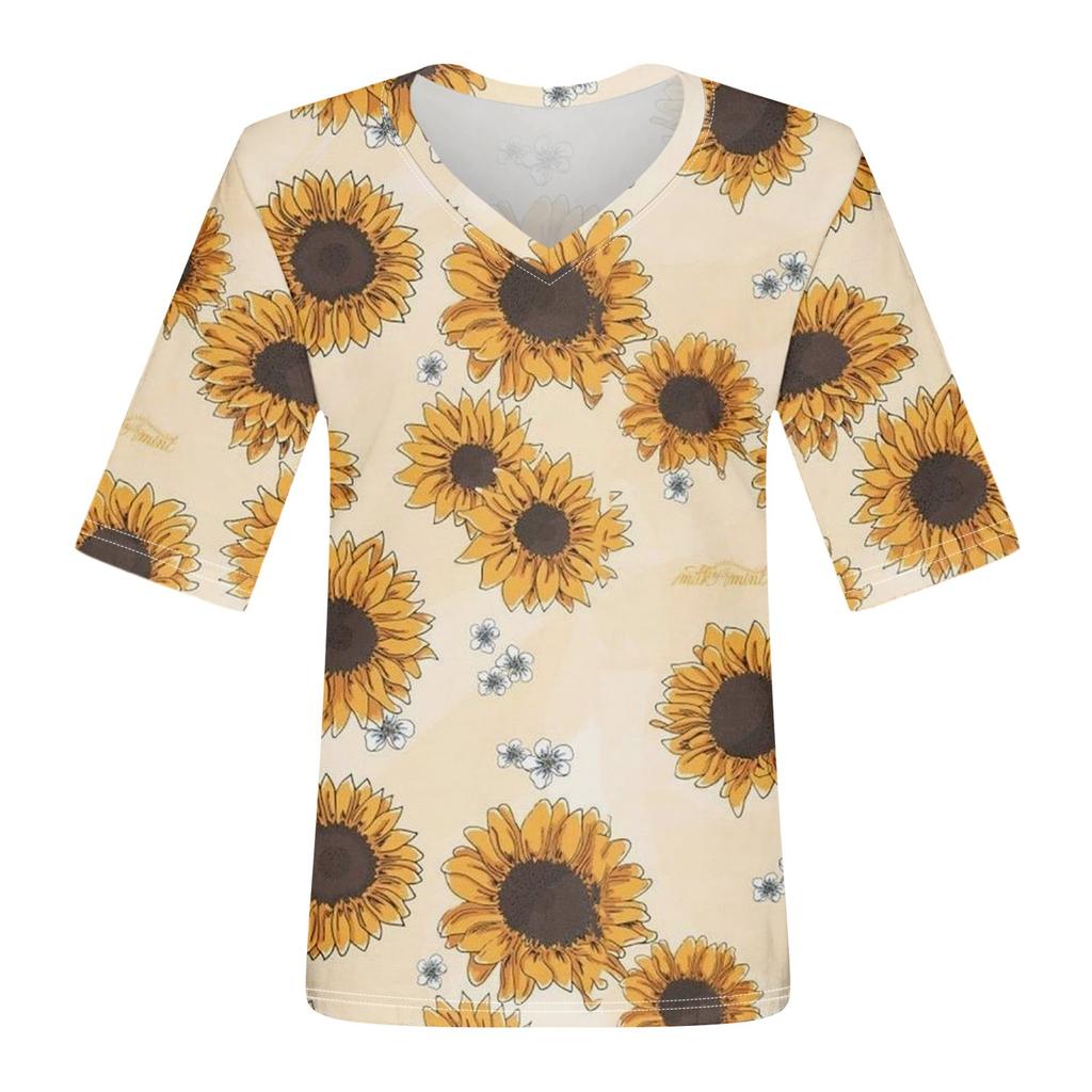 Women's V Neck T Shirts Half Sleeve Tops Printed Casual Summer Tees T Shirt Blouse