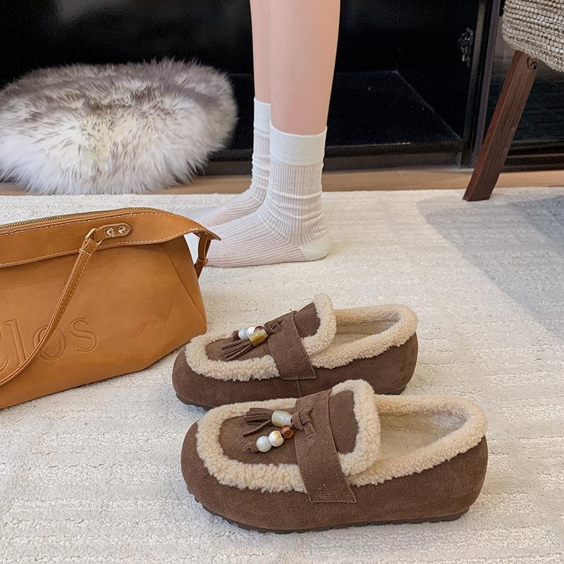 Doudou Shoes Winter Velvet 2025 Autumn New Soft Sole One Pedal Comfortable Retro Snow Cotton Warm Loafers Women
