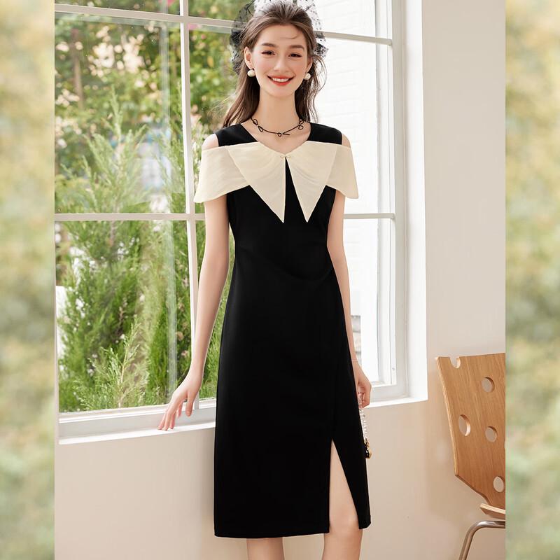 Bailuyu V-Neck Color-Block Slit Midi Dress S