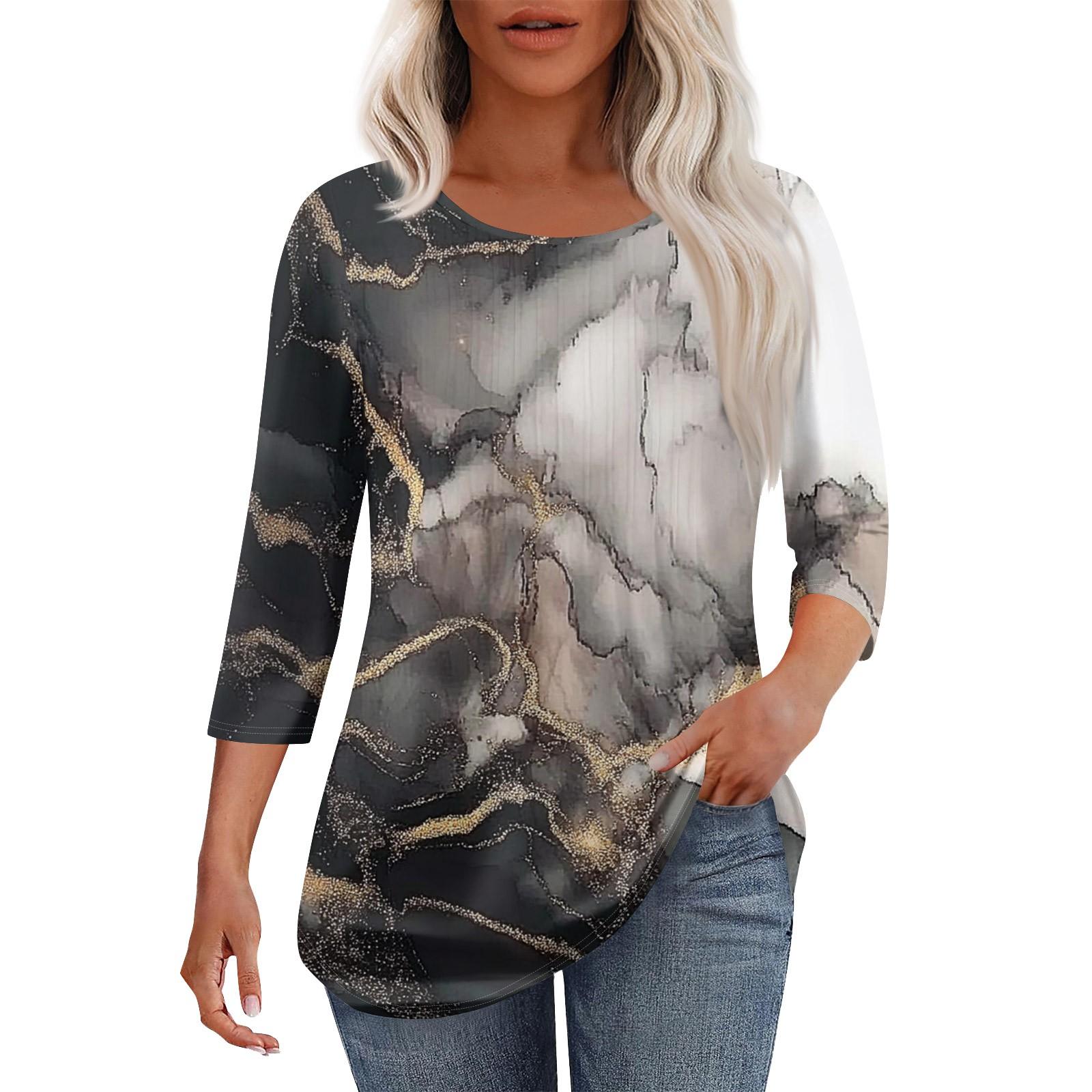 

Жіноча модна повсякденна плісирована футболка з круглим вирізом з принтом і рукавом три чверті S рожевий