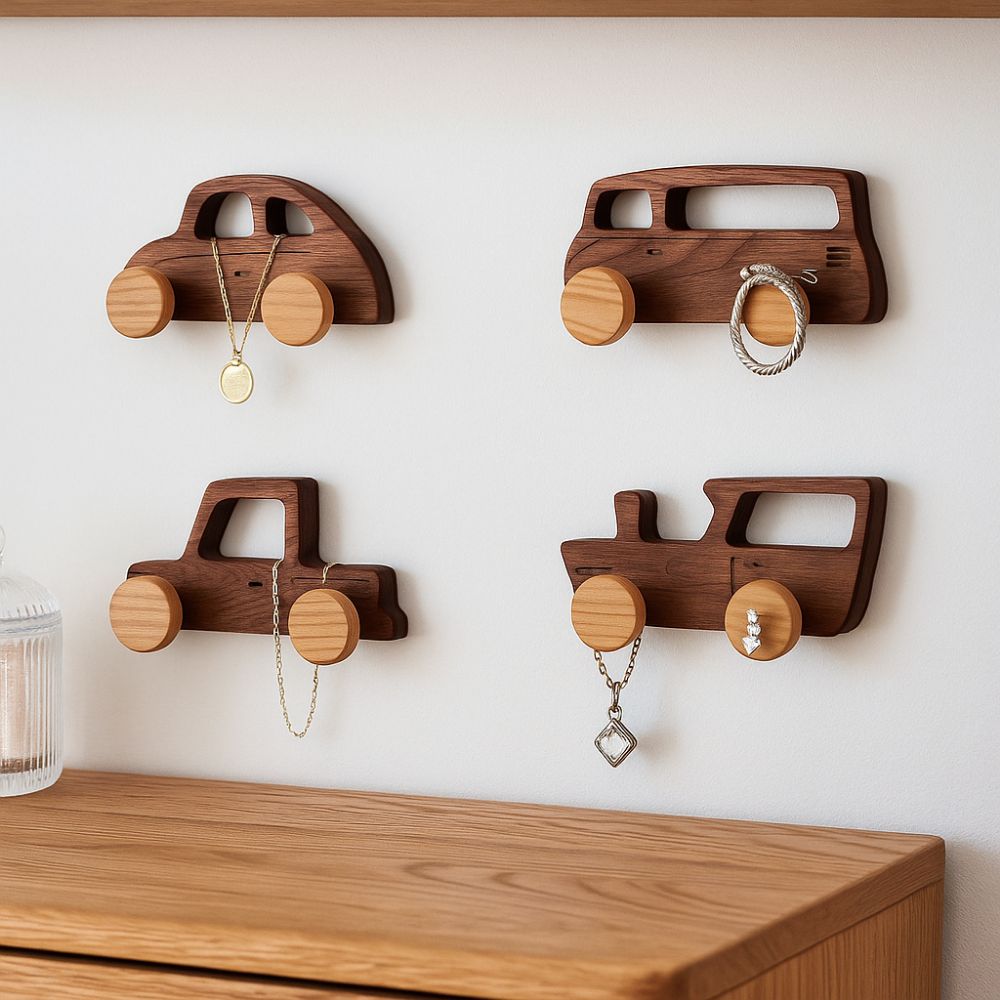 Wall Mounted Wood Car Shaped Hooks Decorative Coat Bag Hook Cartoon Car Wall Hooks  Entrance