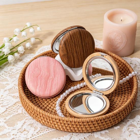 Wooden Grain Handheld Makeup Mirror, Portable Travel Double-sided Vanity Mirror, High Clarity Pocket Cosmetic Mirror for Women Girls