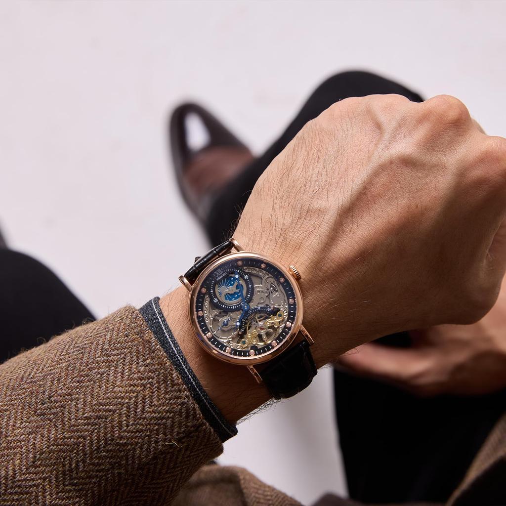 TIME100 Luxury Automatic Skeleton Watch with Stainless Steel and Genuine Leather 50M Water Resistance Men's Strap, (Rosemary Gold)