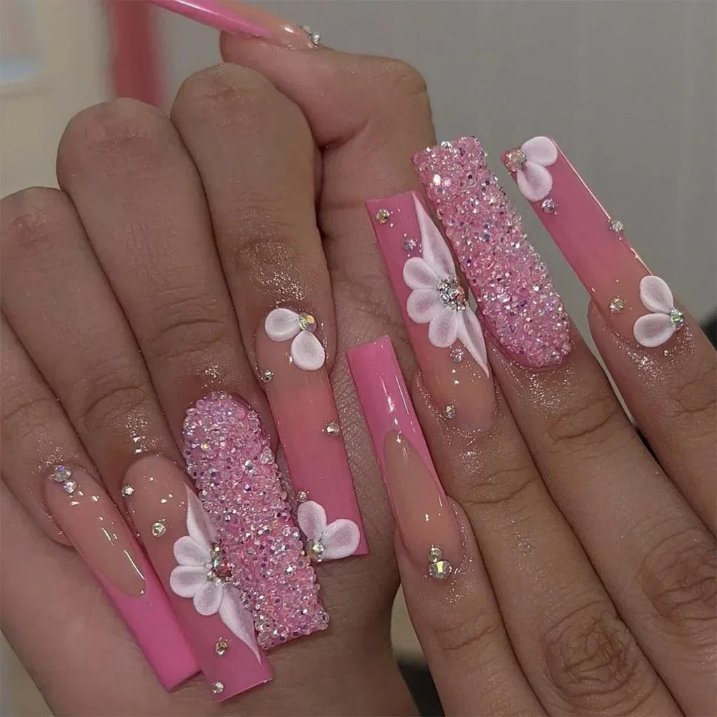 24Pcs Long French Fake Nails with Glue Ballet False Nails Butterfly Rhinestone Design Press On Nails Wearable Coffin Nail Tips