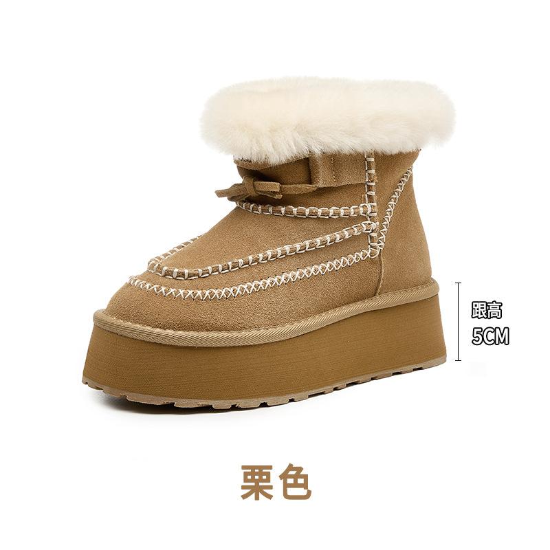 Thick-soled Inner Height-increasing Snow Boots for Women's New Winter Velvet Thickened Short Leather Wool Snow Cotton Shoes for Women