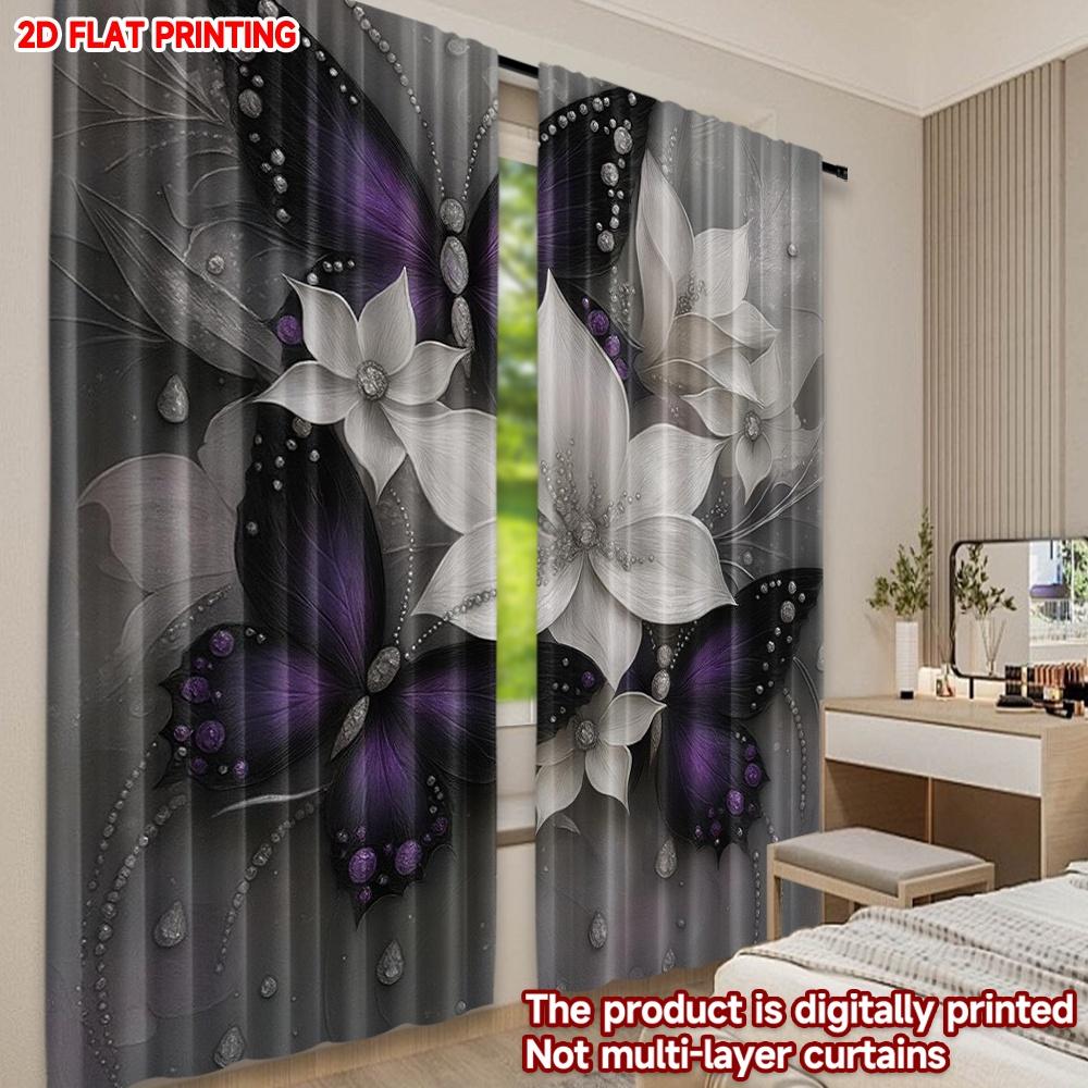 Flat Printing Happy Valentine Day Curtains Black Purple Butterfly White Flower Digital Printed Polyester Drapes Set Of 2 Made