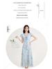 2026 Frühling/Sommer Elegantes blaues Blumen-A-Linien-Kleid: Taillenbetonend, Kurzärmelig, Französischer Stil